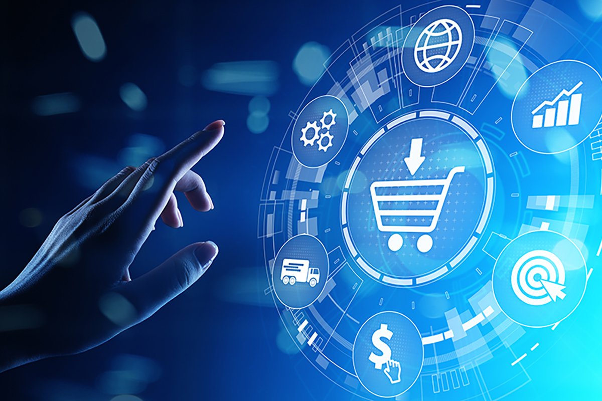E-Commerce, Online chopping Internet business concept on virtual screen.